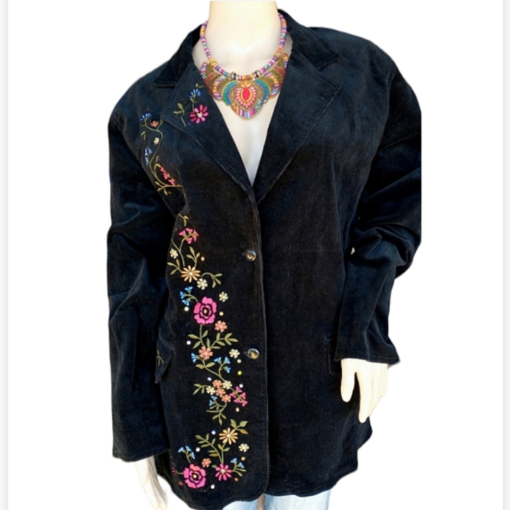 Diane's Essentials Flower Embroidered Black Corduroy Jacket